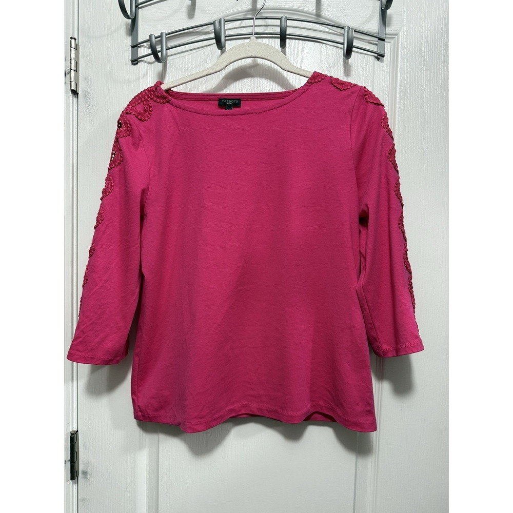 Talbots Blouse MP Magenta Pink 3/4 Open Lattice Sleeve Crochet Fairy Twee Shirt